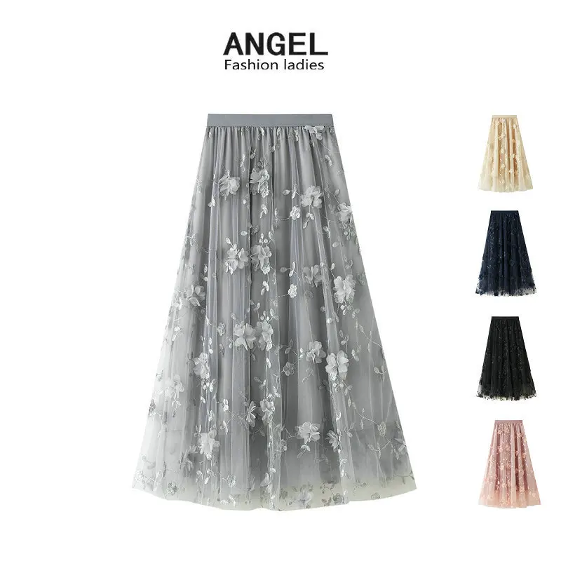 

Mesh Embroidery Heavy Industry Skirt Large Size Gauze Skirt 2020 Autumn New A-word Literary High Waist Long Skirt 8692