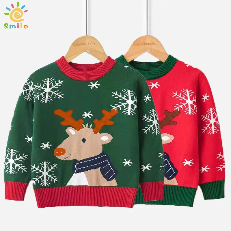 

Baby Boys Girls Clothes Winter Pullover Knitted Sweater 2023 New Cotton Soft Christmas Deer Elk Kids Sweatshirts Knitwear Tops