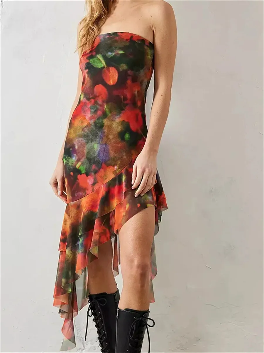 

Floral Print Strapless Tube Dress Women Summer Off Shoulder Irregular Hem Ruffle Split Dresses Party Club Y2K Vintage Aesthetic