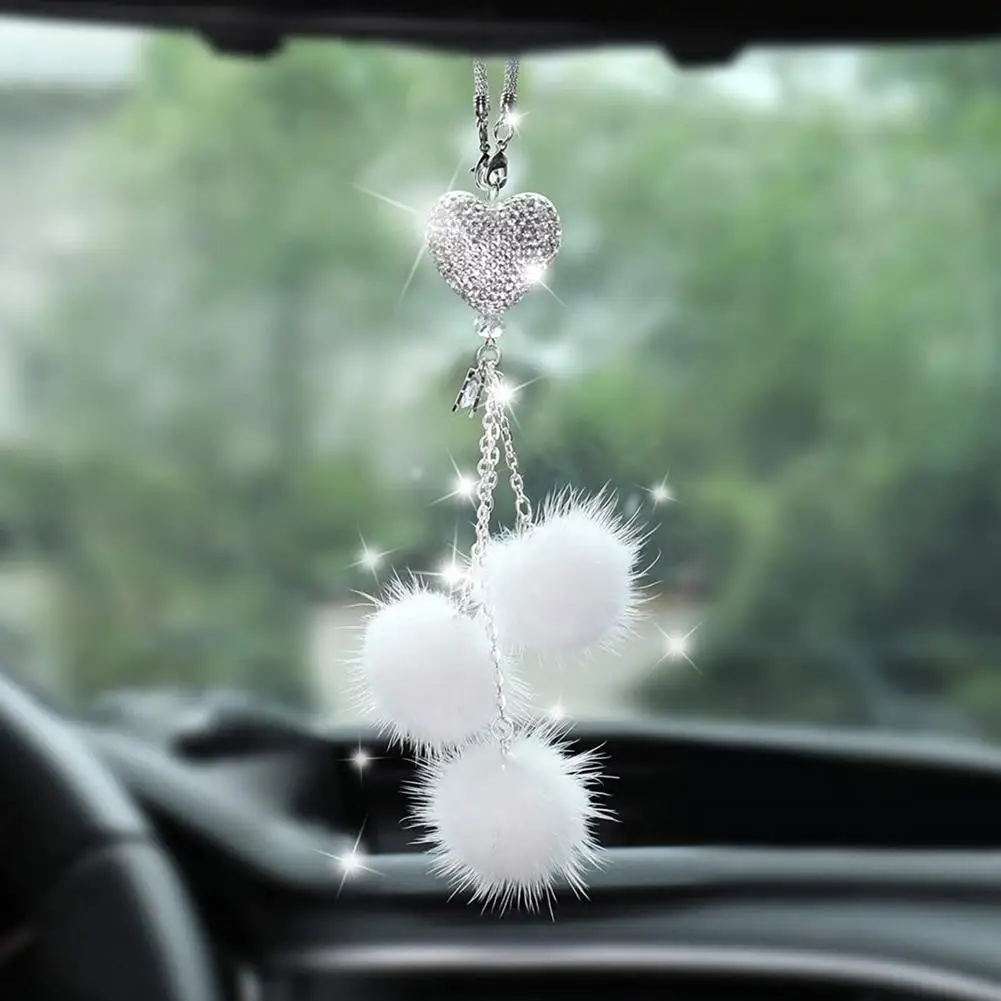 

Bling Car Diamond-encrusted Love-shaped Ball Plush Pendant Cute Rearview Mirror Hanging Decoration Accessories
