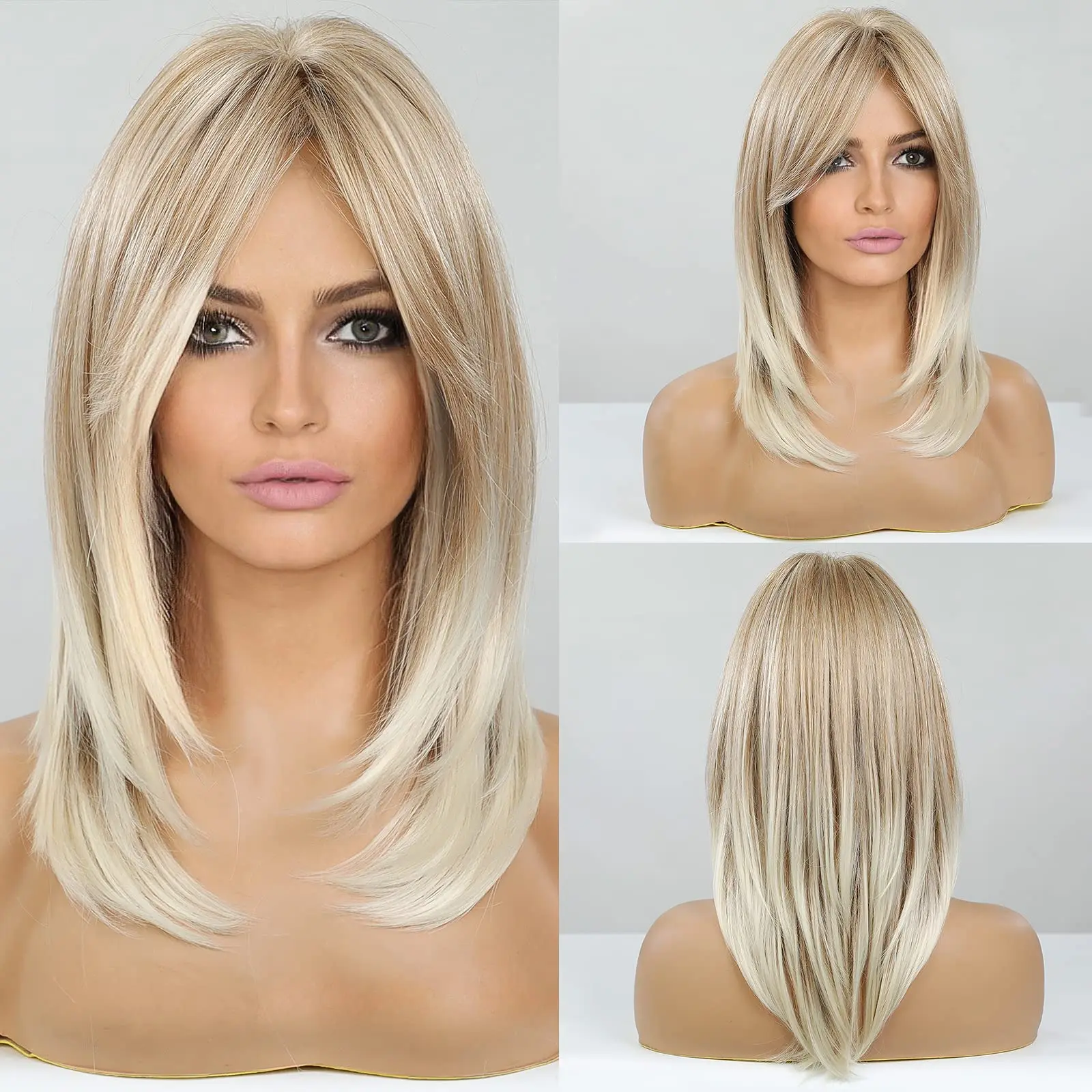 

Long Straight Synthetic Wigs with Bangs Women Highlight Blonde Golden Bob Wigs Femme Layered Natural Hair Heat Resistant