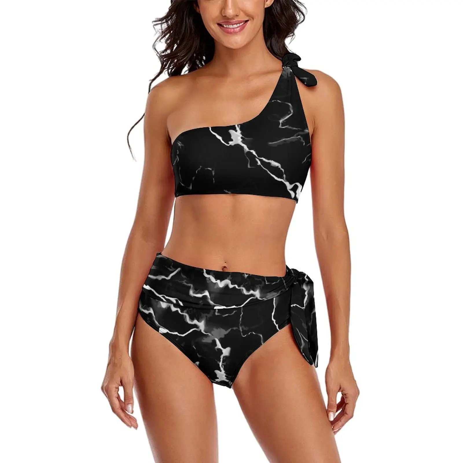 

Купальник-бикини с эффектом пуш-ап, с высокой талией и абстрактным принтом