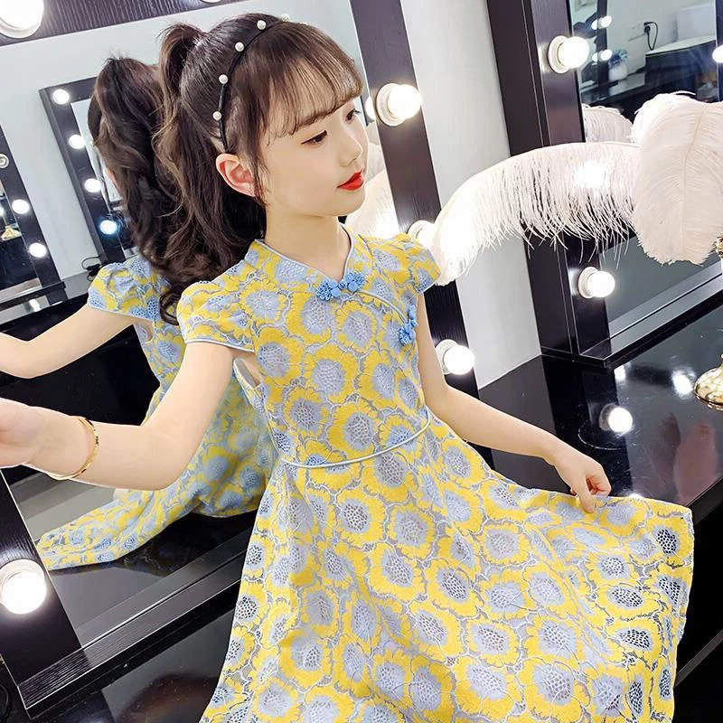 

Girls Summer 2023 Hanfu Princess Dress Cheongsam Girls Party Student Fashion Chinese Style Dress 8 Years Girls Dresses for Kids