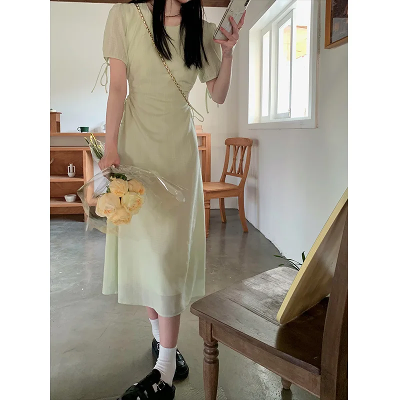 

Sneaky Design Midriff Outfit Green Dress Summer 2022 New Tea Break French Style Gentle Temperament Waist-Controlled