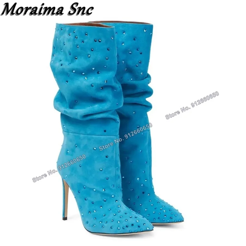 

Moraima Snc Solid Pleated Crystal Boots Women Mid Calf Boots Blue Pointed Toe High Heels Runway Wedding Shoes on Heels Size 44