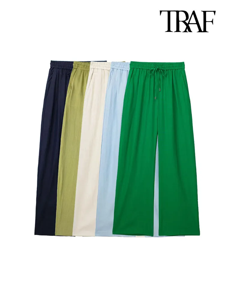 

TRAF Women Fashion Side Pockets Linen Wide Leg Pants Vintage High Elastic Waist With Drawstring Female Trousers Mujer
