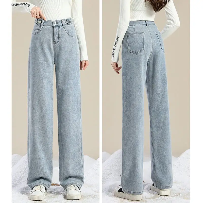 Однотонные хлопковые джинсы с высокой талией и карманами элегантная мода