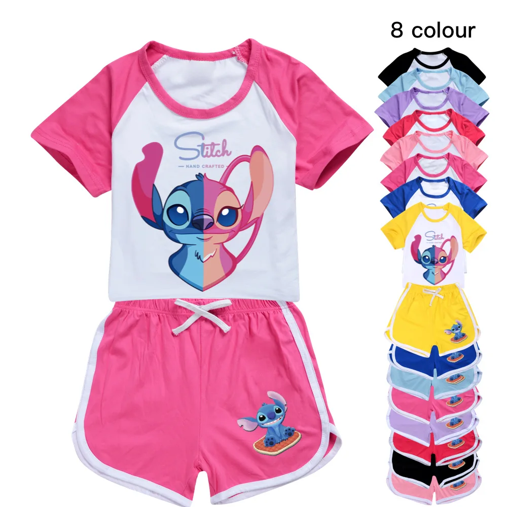 

Summer Boys Sports Suit Disney Stitch Clothes Baby Girls Cartoon T Shirt+shorts Two Pcs Sets Teenager Children Tracksuit