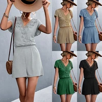 women jumpsuit casual lace stitching cross v neck 2022 summer work overalls ladies selling short wide leg jumpsuit for women