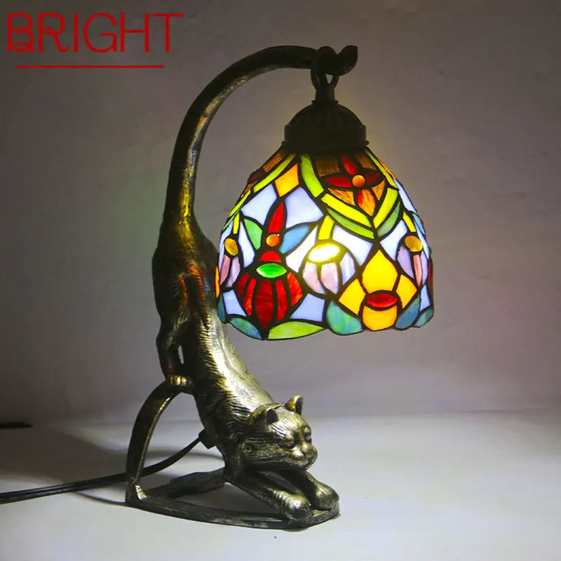 

BRIGHT Tiffany Glass Table Lamp LED Vintage Creative Novelty Cat Desk Light Decor for Home Living Room Bedroom Bedside