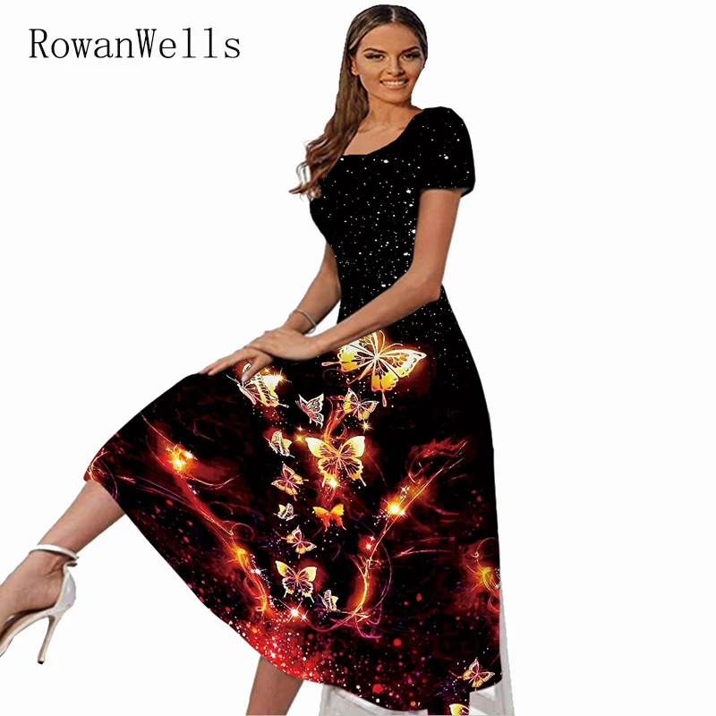 

Butterfly Print Dresses Women Party Elegant Casual Slim Long 3D Dress Beach Vestidos 2022Spring Summer Girl Short Sleeve Dresses