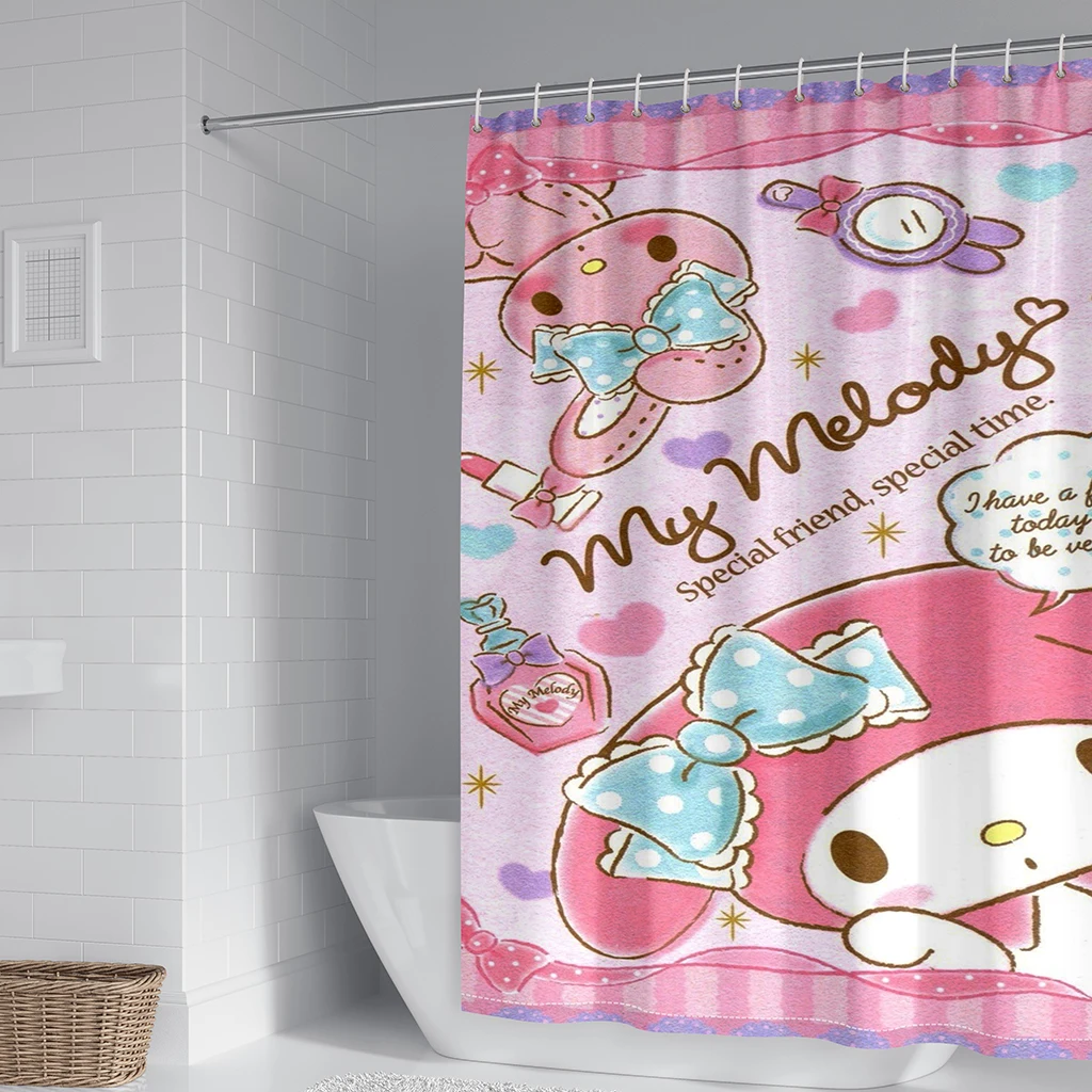 

Sanrios Mymelody kawaii Cartoon Bathroom Shower Curtains Anime JK Lolita Waterproof Mildewproof Bath Curtain with 12 Hooks Gifts