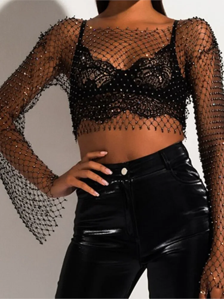 

Bling Crystal Hollow Out Fishnet Grid T Shirt Full Sleeve O Neck Loose Women Tees Luxury Diamonds Cover Up Beachwear T Shirts