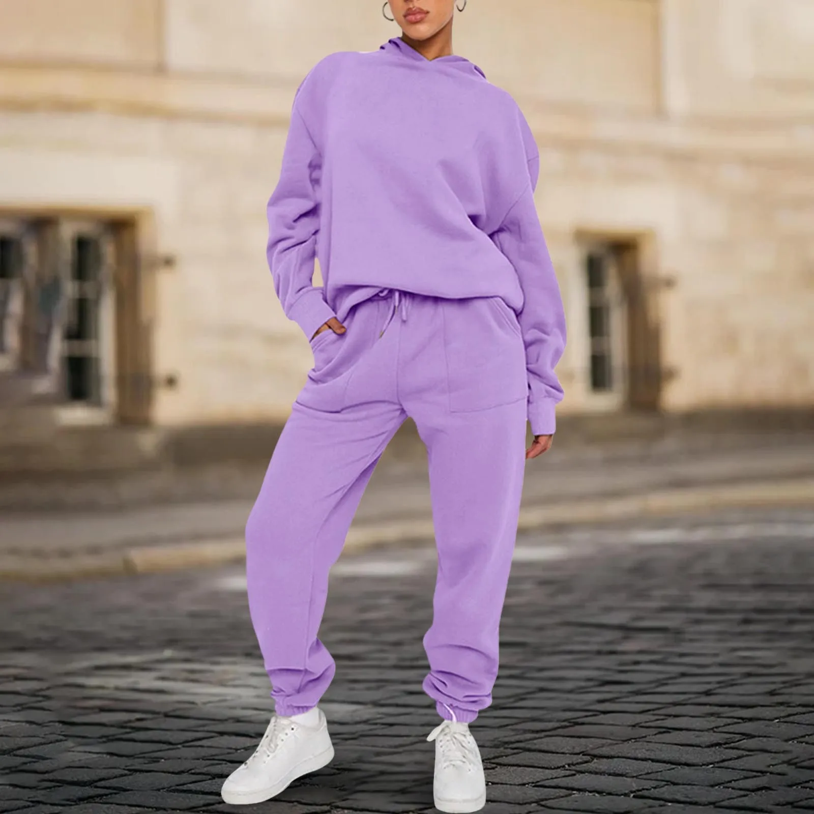 

Женский модный однотонный свитер с капюшоном и длинными рукавами, повседневные женские брюки, костюм из двух предметов, повседневные брючные костюмы для отдыха