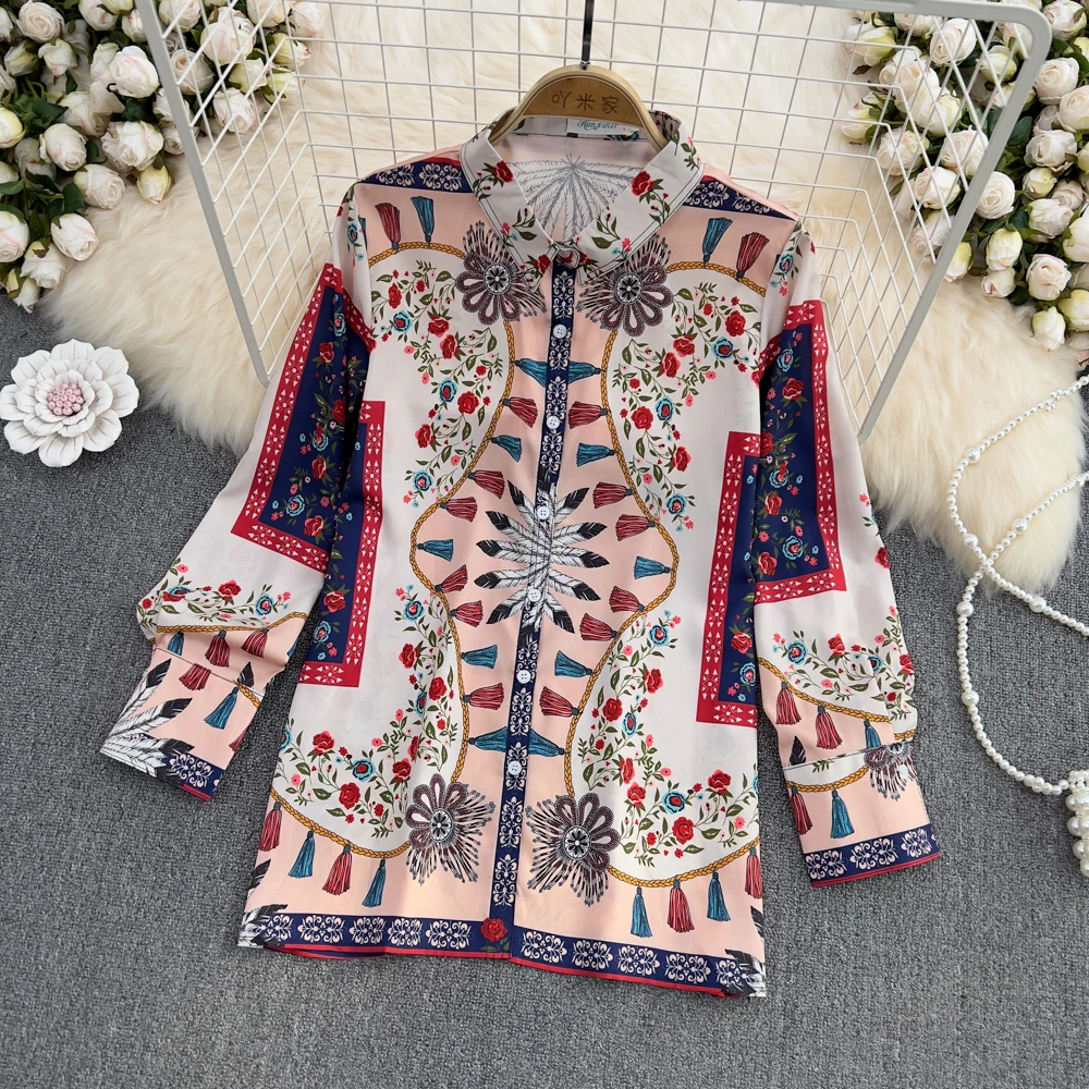 

VANOVICH Single-breasted Mixed Color Top Women's 2022 Spring and Summer New Korean Style Loose Vintage Print Long-sleeved Shirt