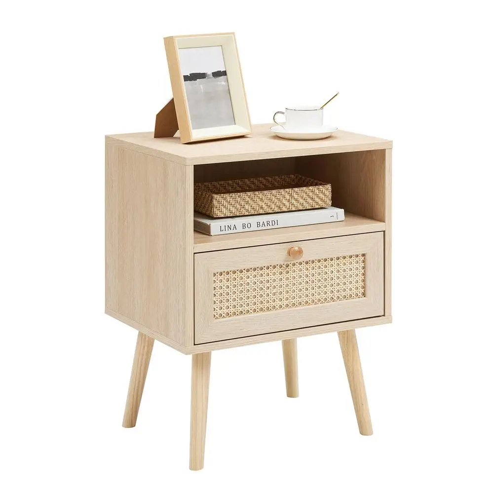 

Bedside Nightstand Side Table with Handmade Rattan Drawer End Table with Solid Wood Legs for Living Room Bedroom Dorm