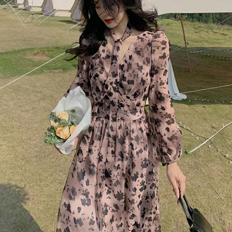 

Женское платье с леопардовым принтом, шифоновое платье-трапеция с рукавами-фонариками и зауженной талией в ретро стиле, лето 2021