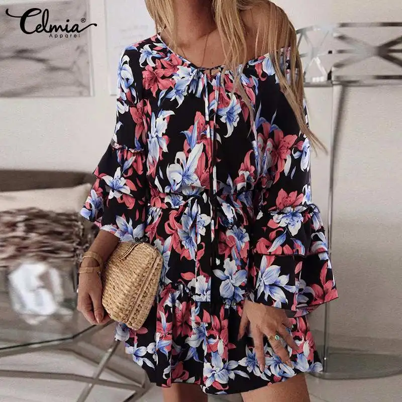 

Женское богемное мини-платье Celmia, элегантный праздничный короткий сарафан с цветочным принтом, шнуровкой и V-образным вырезом и Расклешенны...