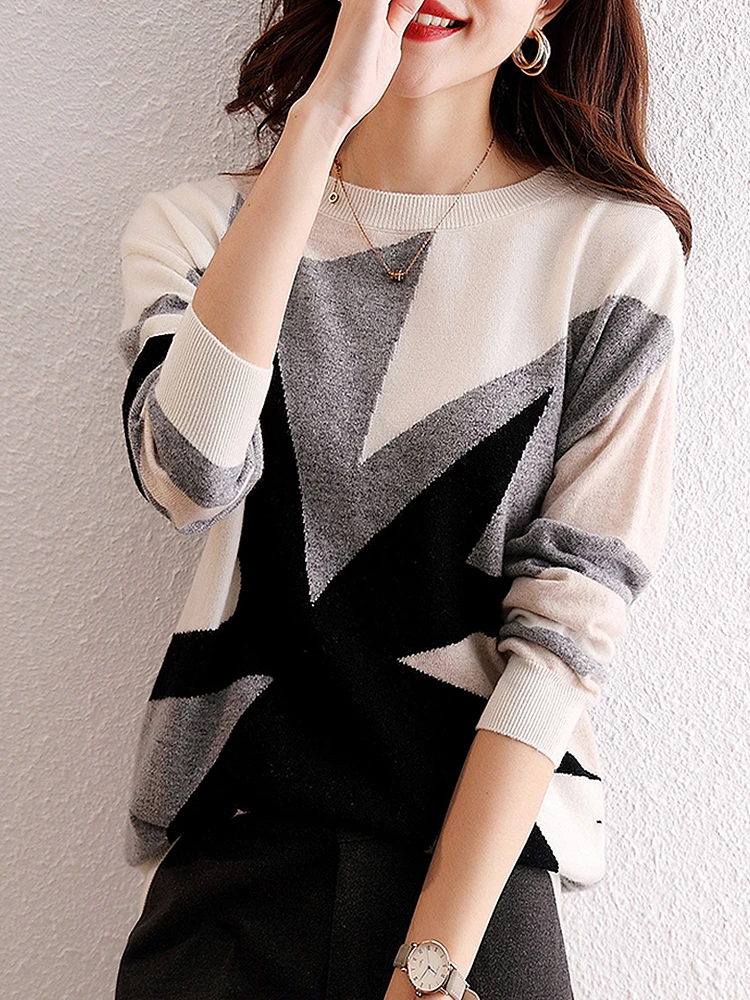 

BETHQUENOY Pullover Truien Dames Women Sueter Vintage Contrast Color Knitted Sweater Pullover Jumper Femme 2022 Sueters De Mujer