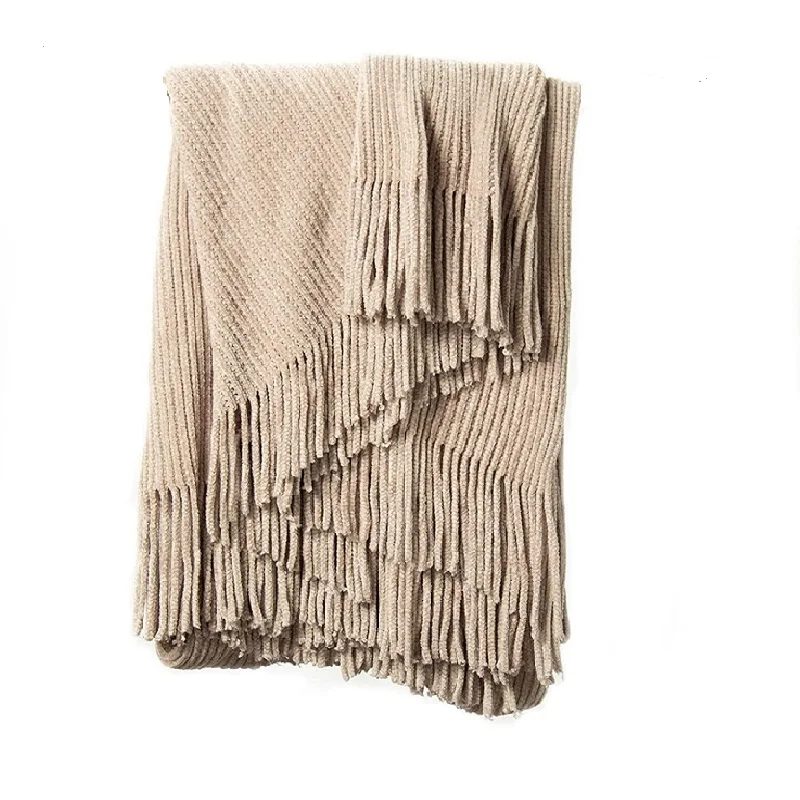 

Inyahome Knitted Beige Throw Blanket for Couch Soft Summer Farmhouse Chenille Boho Throws Cozy Knit Small Lightweight Blankets