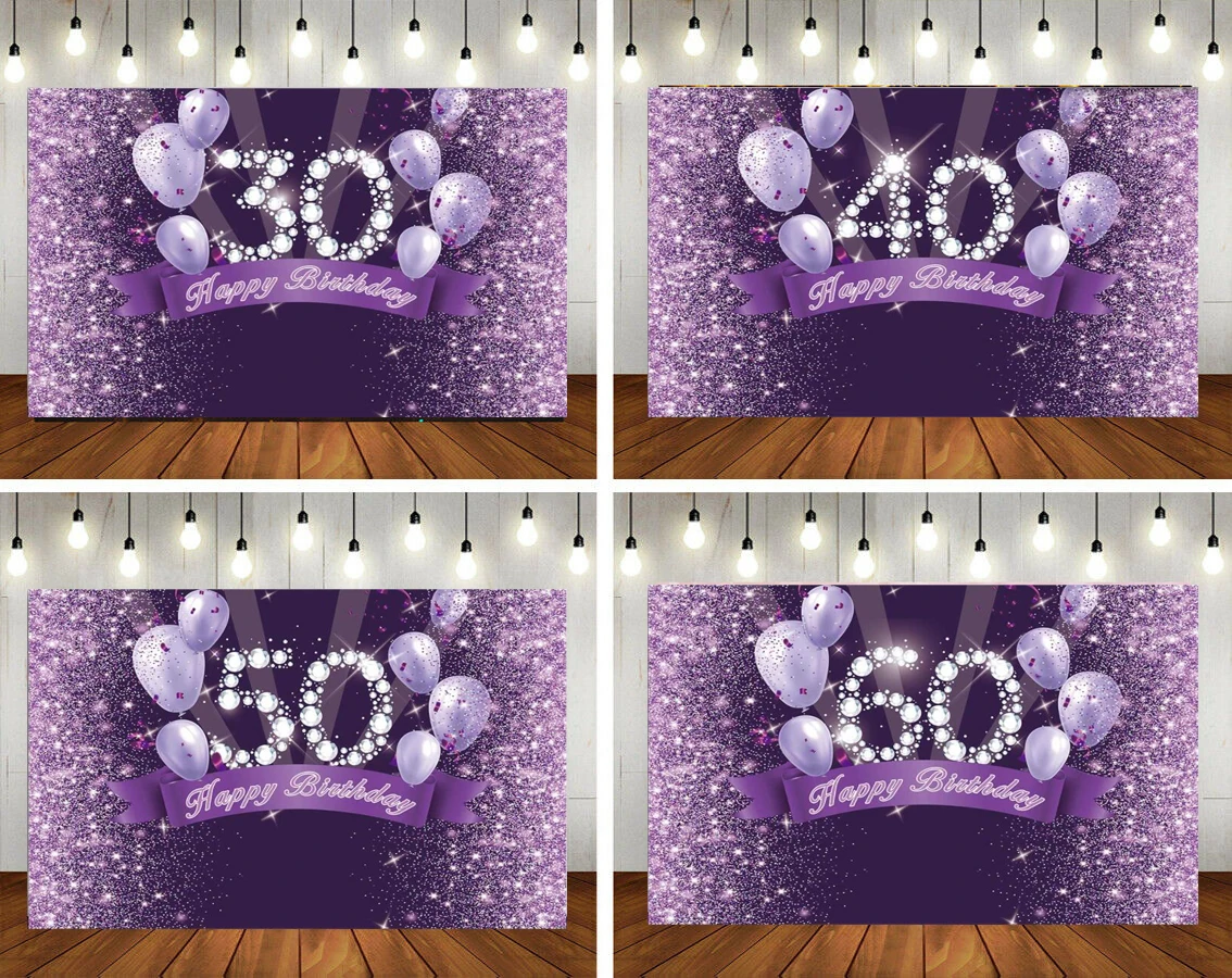 

Glitter Purple Balloons Photography Backdrop 30th 40th 50th 60th Birthday Party Photo Background Women Cake Table Banner Props