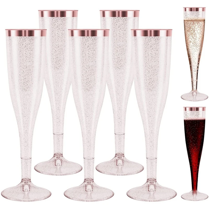 

Plastic Champagne Flutes 6.5 Oz Champagne Glasses,Disposable Reusable Rose Gold Glittered Wedding Party Toasting Flutes