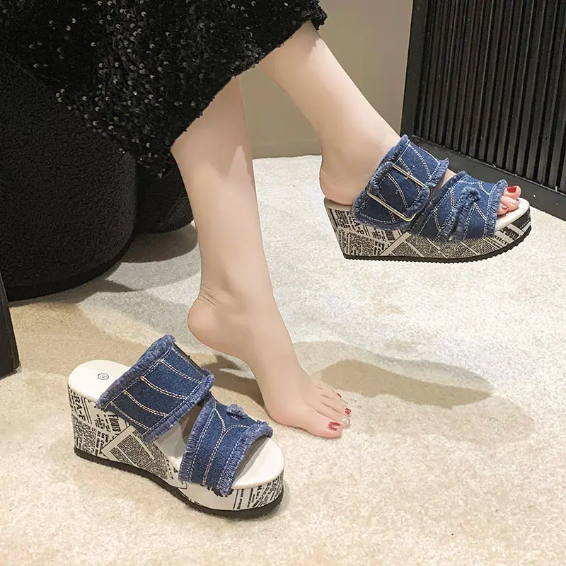 Women's Large Size Sandals Summer New Fashion Denim Wedge Slippers Outer Wear Thick Sole Increased Breathable Shoes