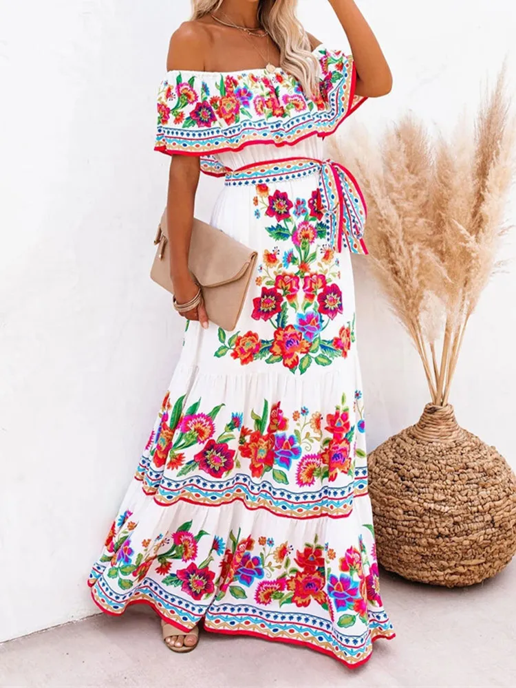 Женское винтажное платье макси с цветочным принтом длинное пляжное открытыми