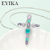 eyika boho style multicolor crystal cubic zircon cross pendant necklace for women gold black plated clavicle chain jewelry