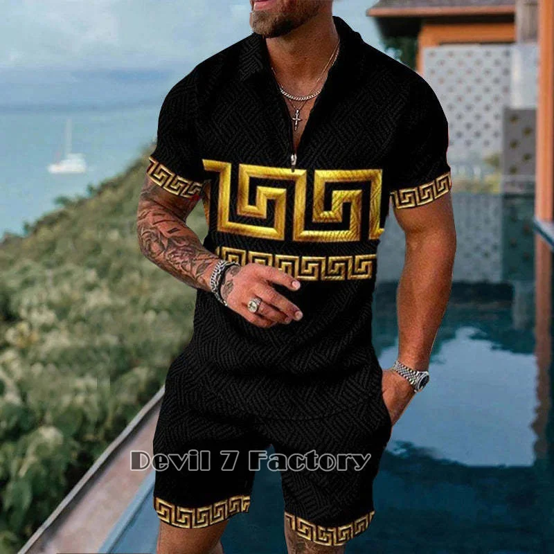 Men's Polo Shirts Shorts 2 Piece Sets 3D Print Short Sleeve T-Shirt Summer Tracksuit Suit Fashion Male Clothes Casual Streetwear