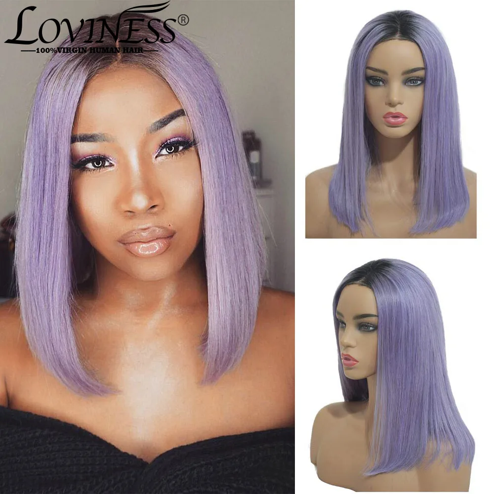 Ombre Purple Lace Front Wig Human Hair Pre Plucked Colored 13x4x1 Middle T Part Short Bob Wigs Brazilian Remy Blunt Cut Bob Wig