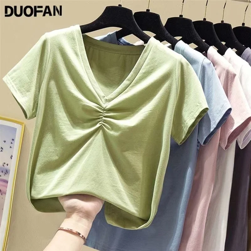 Plus Size 100KG Women Pleated T -Shirts Solid Color Cotton Soft Summer Short Sleeve Ladies Shirts Chest Folds Sexy Tops L-5XL