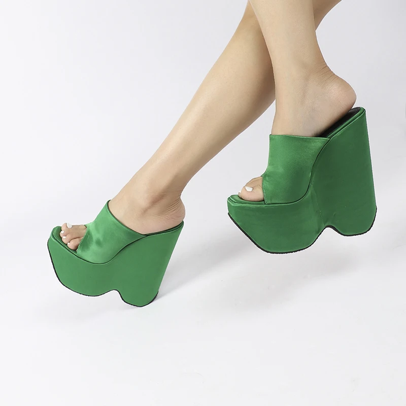 ZOOKERLIN Sexy Peep Toe 15cm Wedges High Heel Women's Slippers Sandals Silk Solid Color Summer Platform Slides Slip On Fashion