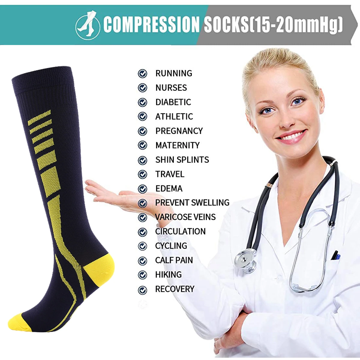 Compression Socks Sports Running Women Men Marathons Circulation Athletic Edema Varicose Veins Travel Over Knee High Stockings