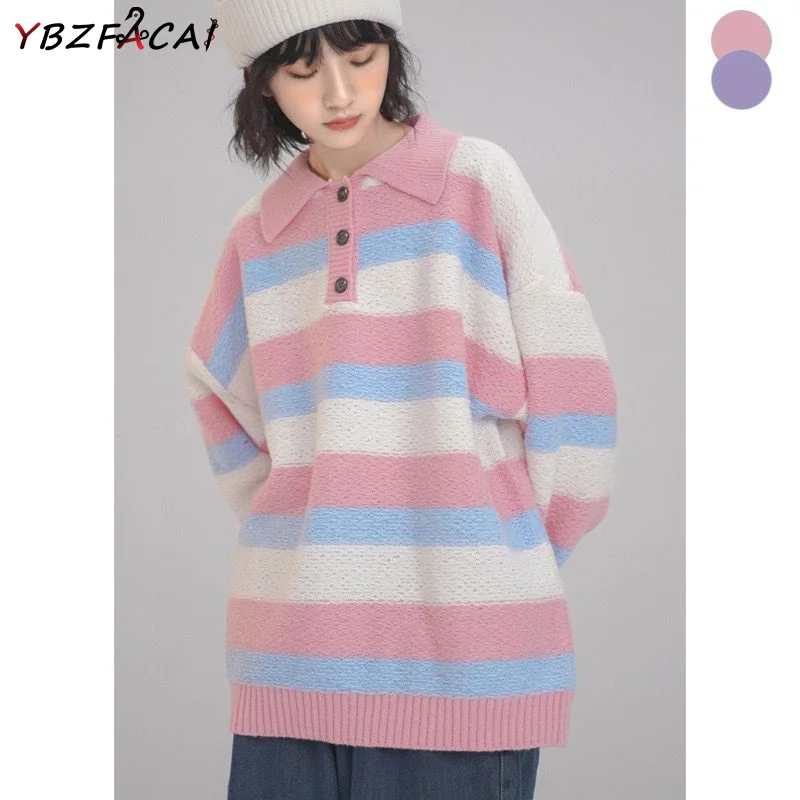 

Женский вязаный свитер-поло в полоску, Розовый Теплый Свободный пуловер в Корейском стиле, джемпер для осени и зимы, 2022