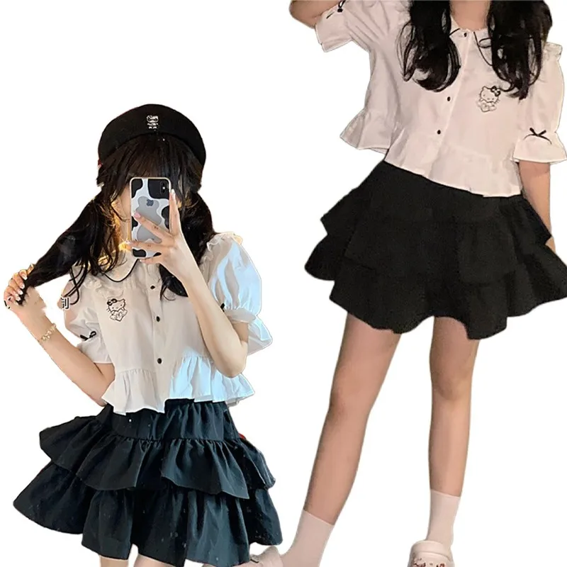 

Sanrios Hellokittys Short-sleeved Skirt Suit Summer New Anime Cute Cartoon T-shirt Dress Japanese Kawaii Sweet Casual All-match