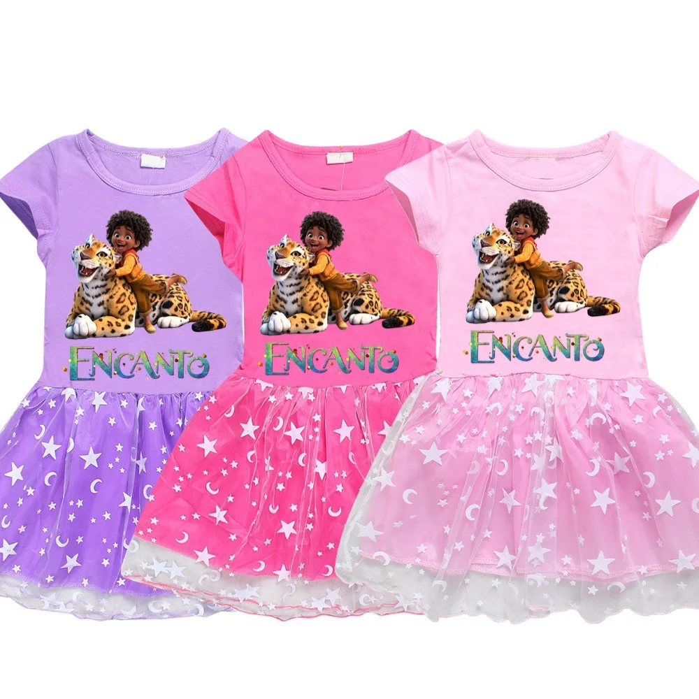 

2022 New Disney Encanto Summer Casual Cute Girls Birthday Party Mesh Skirt Cartoon Print Dress 3-8 Years Old