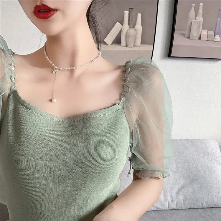 

Top Women Knitted Crop Tops Square Neck Organza Puff Sleeve Solid Color Basic Cute Summer Going Out Tops for Women2022 New