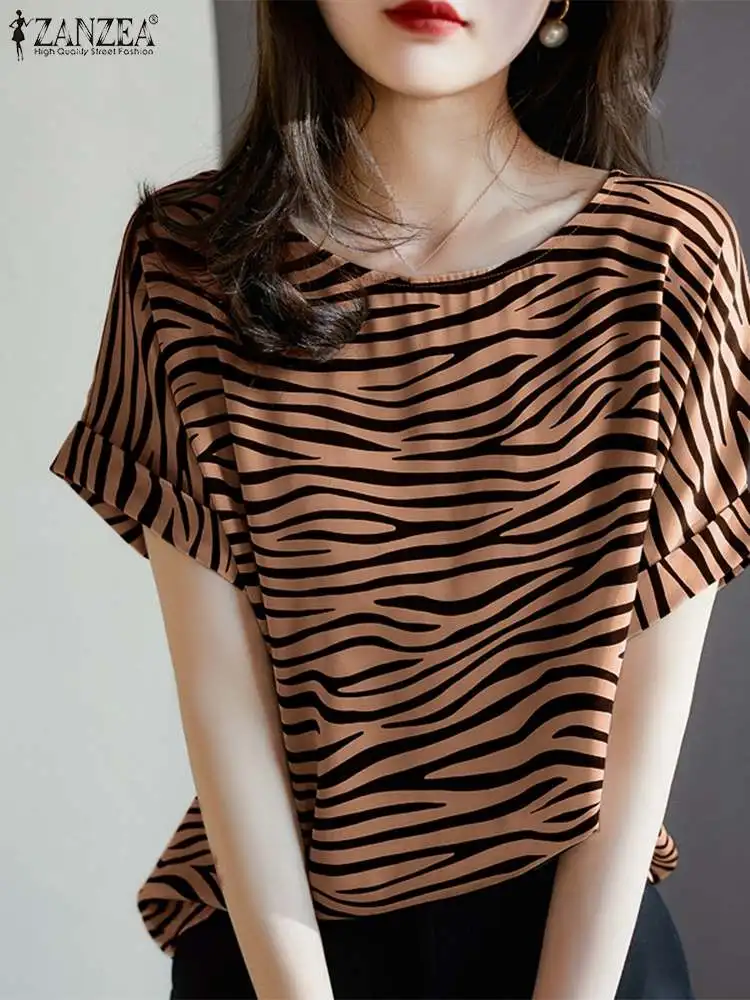 

Women Casual Short Sleeve Printed Blouse ZANZEA Elegant Loose Leopard Shirt Slim Holiday Chemise Femininas Blusas Vintage Tops