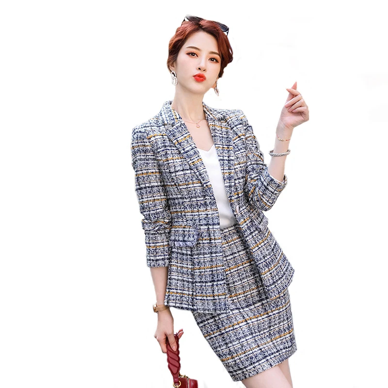 Houndstooth Suits Women 2022 Autumn Winter Fashion Temperament Business Slim Blazer And Skirt Office Ladies Work Wear