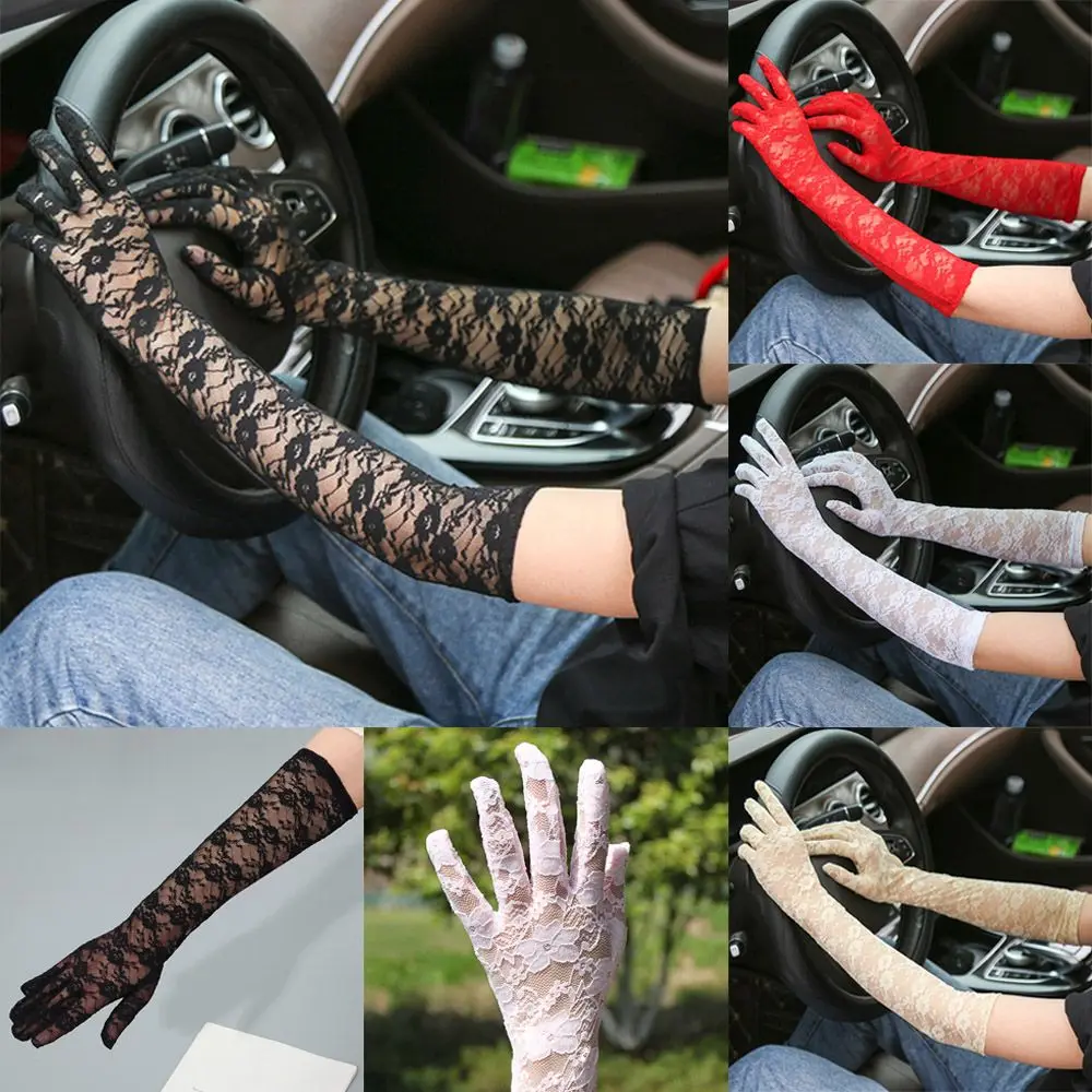 

Fashion Floral Bride Mesh Stretchy Long Lace Gloves Hollow-Out Mittens Driving Gloves Sunscreen Gloves