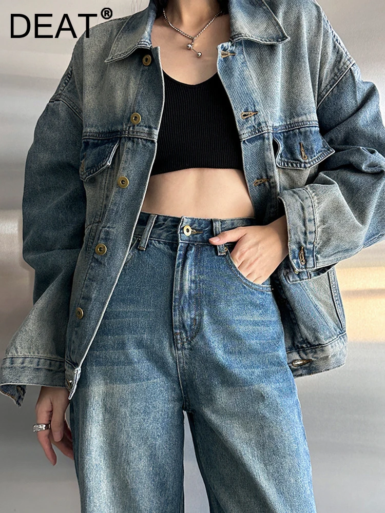 

DEAT Fashion Women's Denim Coat Lapel Single Breasted Full Sleeves Pockets Washed Corridor Shape Jackets Autumn 2023 New 7AB638