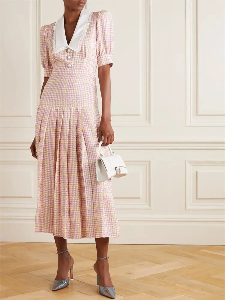 

Женское Плиссированное Платье-миди с круглым вырезом, коротким рукавом-фонариком и принтом «гусиная лапка»