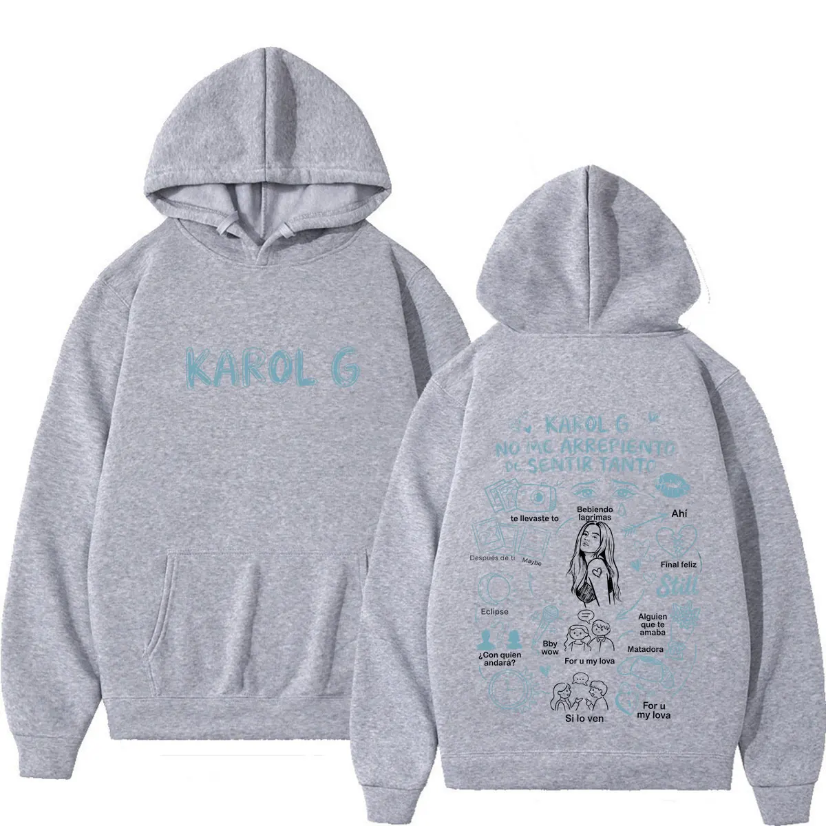 Фото Худи с принтом Karol G Album No Me Arrepiento De Sentir Tanto 2026, модный повседневный пуловер с длинными рукавами, свободного кроя, для мужчин и женщин. №3