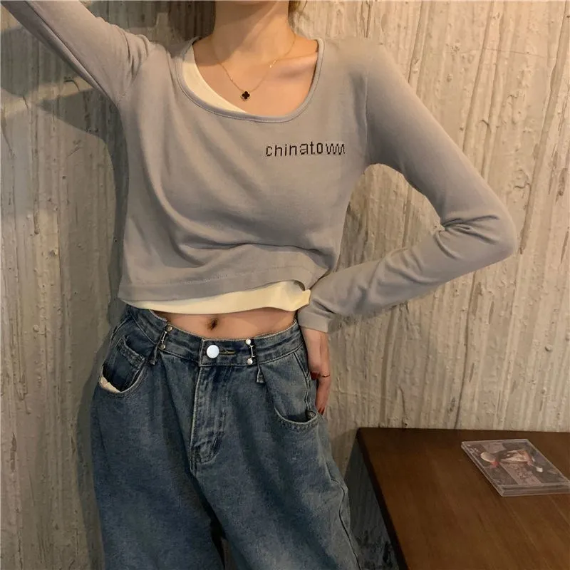

HELIAR Women Fake Two Piece Long Sleeve T-Shirts O-Neck Letter Printed Cropped Shirts Sexy Chic Y2K Tees For Women 2023 Autumn