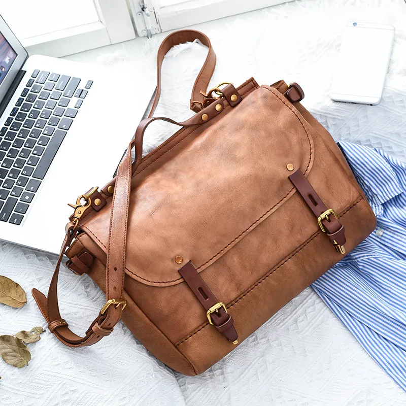 Vintage fashion designer natural real leather men's business tablet handbag daily office genuine leather shoulder messenger bag