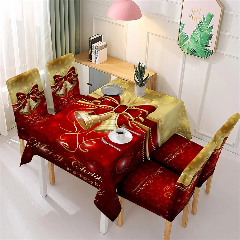 

Christmas Waterproof Golden Bell Tablecloth Dust Proof Kitchen Table Cover Christmas Decoration Dining Chair Covers Xmas Gifts