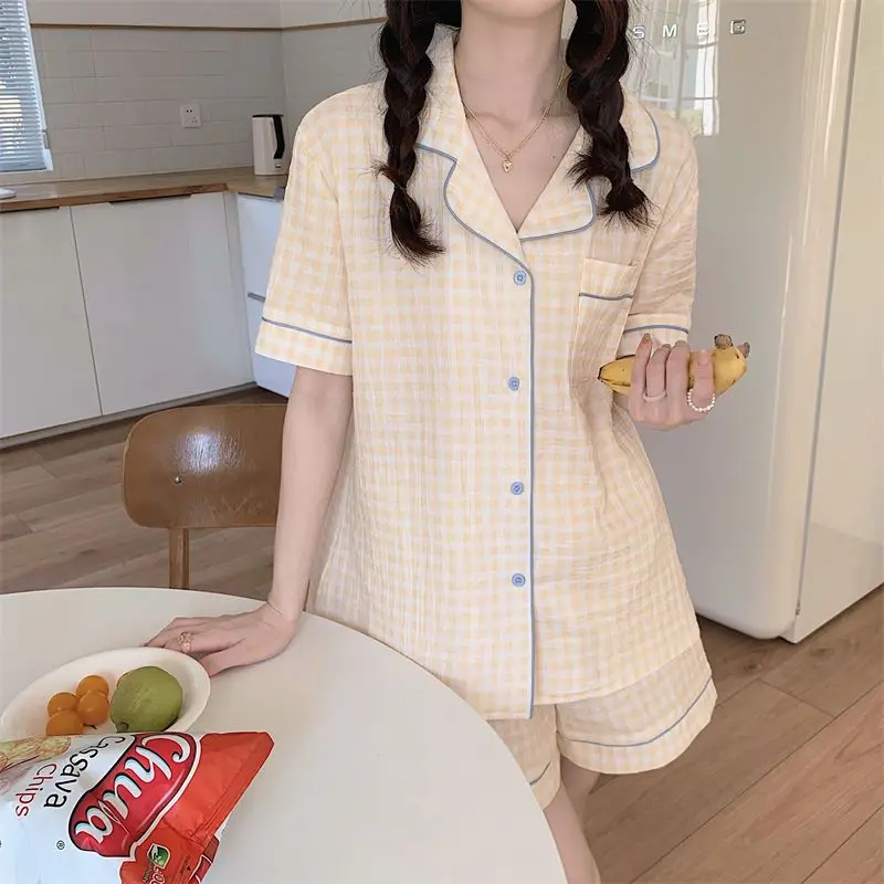 Plaid Pajama Sets Women 4 Colors Ruffles Stylish Simple New Casual Korean Style Ladies Puff Sleeve Lovely Sweet Sleepwear Summer