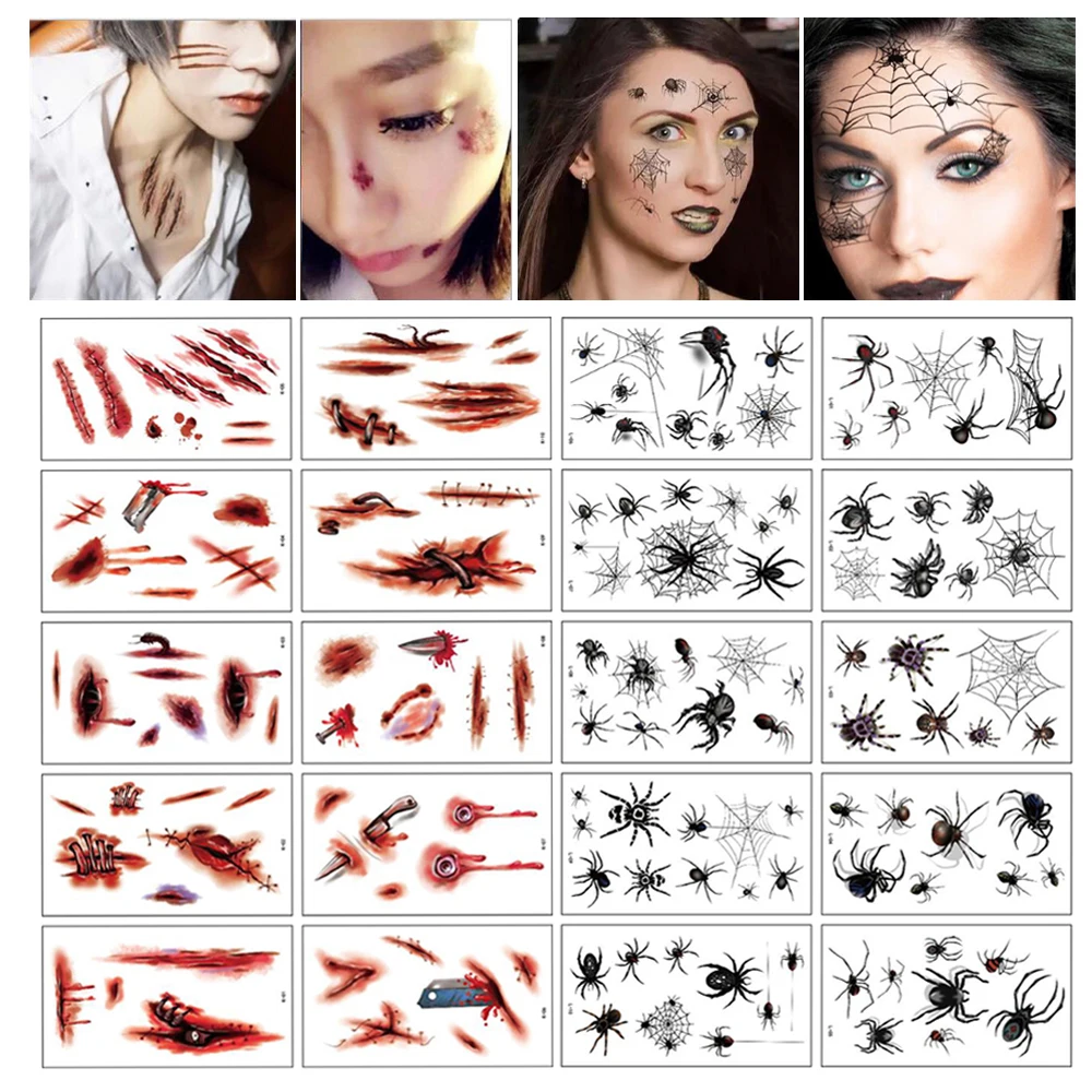 

10Sheets/Pack Lifelike Scar Spider Design Halloween Tattoo Stickers Waterproof Temporary Tattoos Body Art Stickers