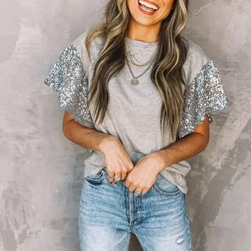 

Sequins Tshirts Women's Color Splicing Loose Round Neck Short Sleeve Sexy T-shirt Top Blusas Mujer Manga Corta Shiny T Shirt @40